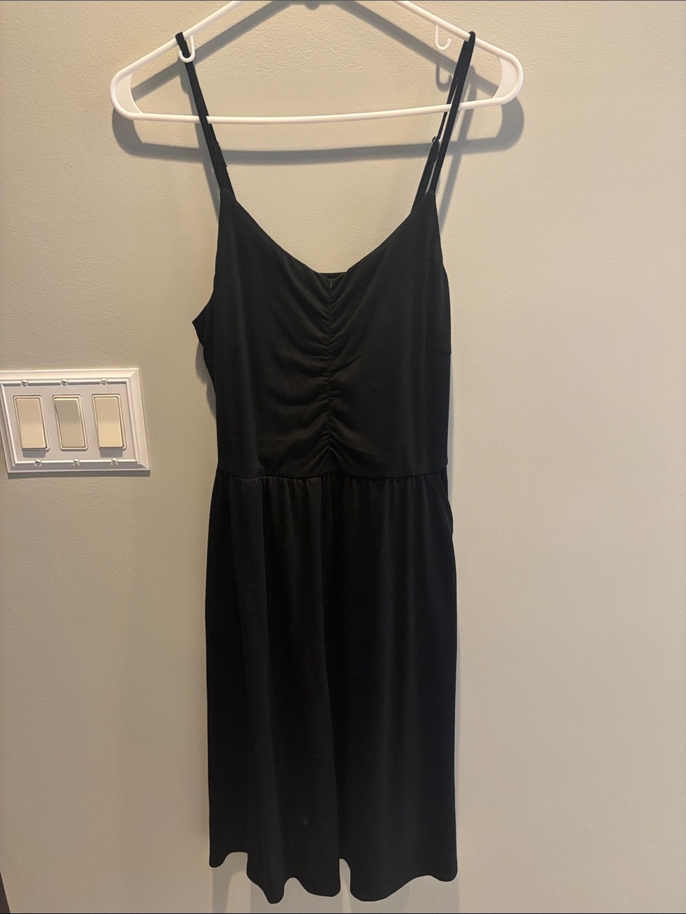 Ruched Front Black Midi Slip Dress with Spaghetti Straps